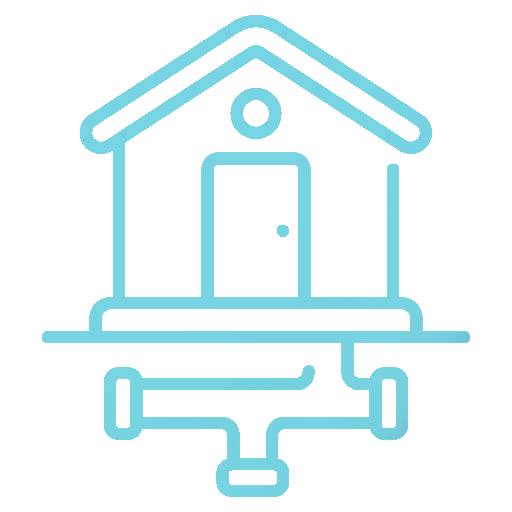 Stylized graphic of a house with a door and a pipe structure below