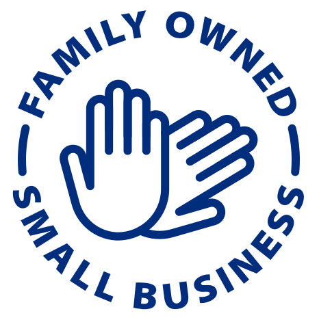 "Logo featuring two hands within a circle, emphasizing 'Family Owned' and 'Small Business' to highlight community-focused entrepreneurship."